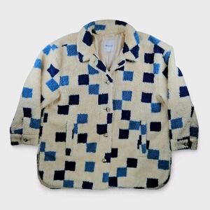 Madewell Belrose Shirt Jacket XXL Sherpa Cream Blue Checkerboard ReSourced